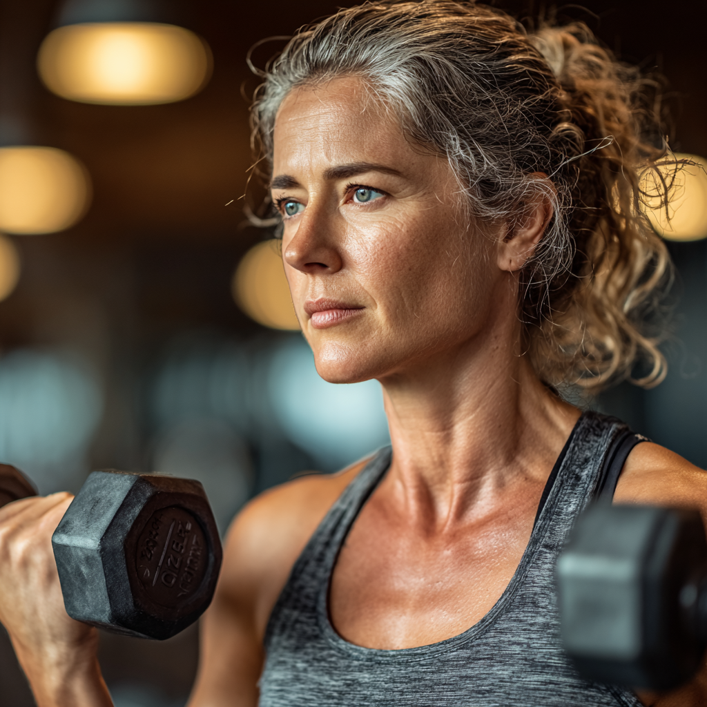 Fit woman in her 40s doing strength training exercise with dumbbells in modern gym, showing proper form and determination