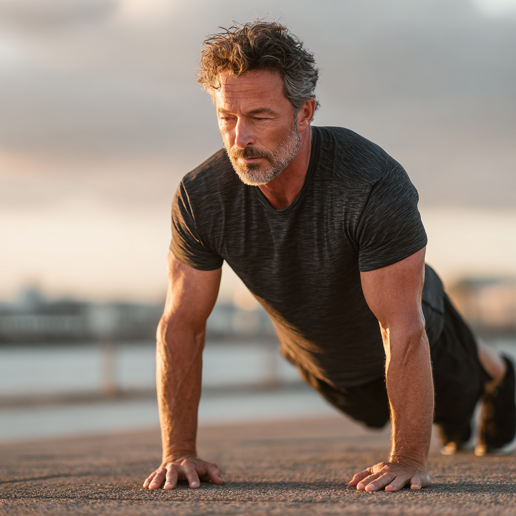 Middle-aged man in his 50s performing bodyweight exercise outdoors, demonstrating improved fitness and healthy lifestyle transformation