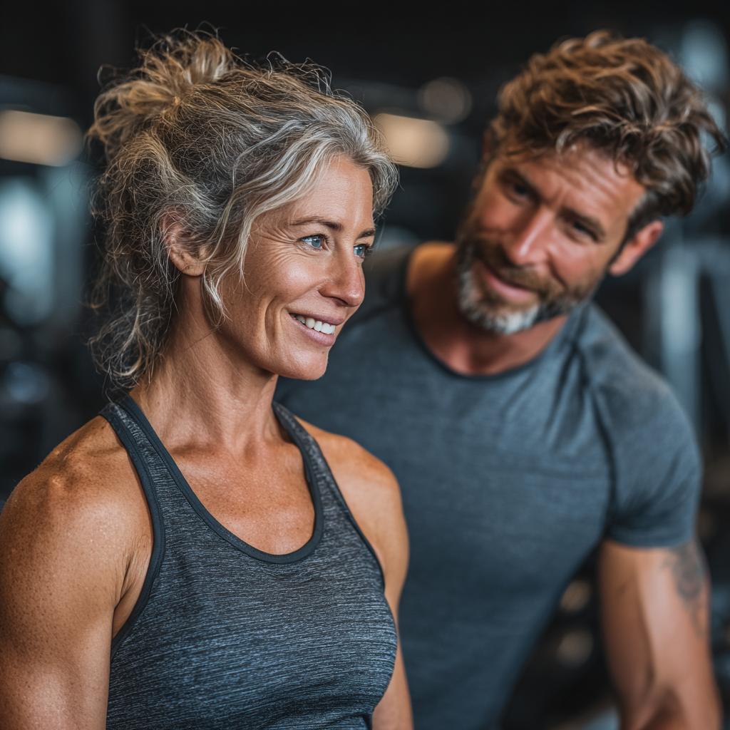 Professional trainer working with mature woman in her 40s, providing personalized guidance and support during workout session